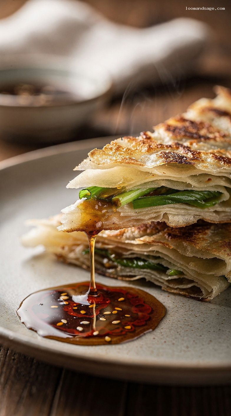 Flaky Chinese Scallion Pancakes With Soy-Chili Dipping Sauce – Closeup