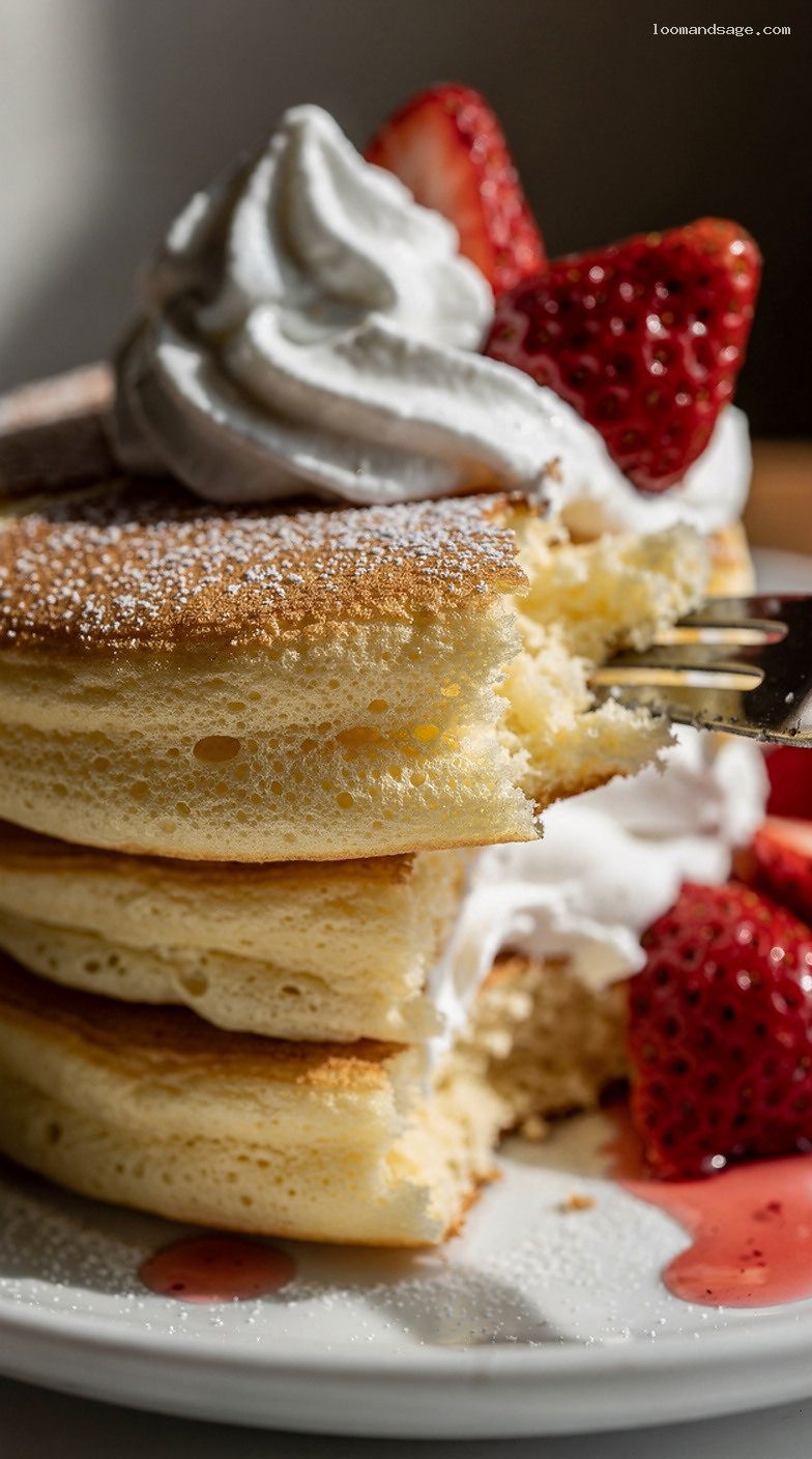 Fluffy Japanese Soufflé Pancakes With Strawberries and Whipped Cream – Closeup