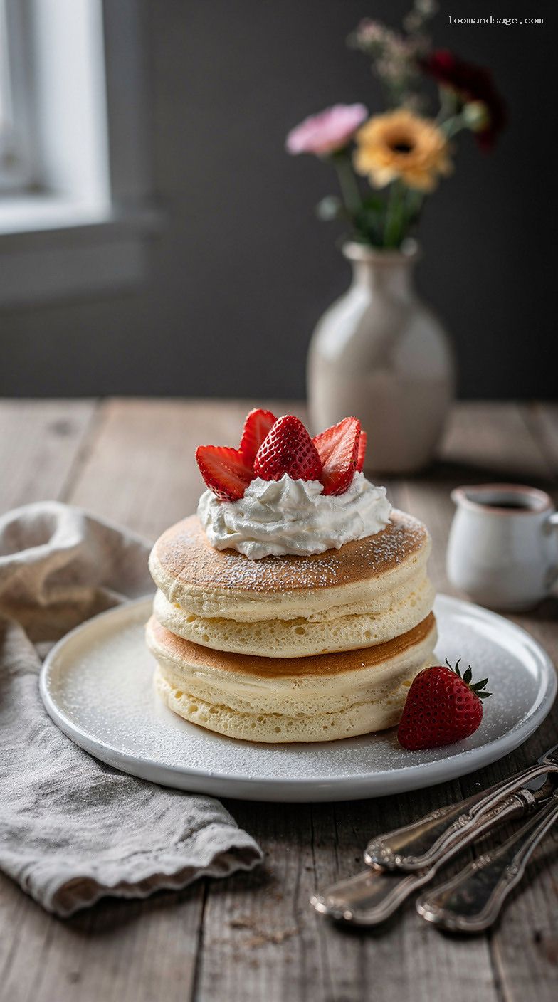Fluffy Japanese Soufflé Pancakes With Strawberries and Whipped Cream