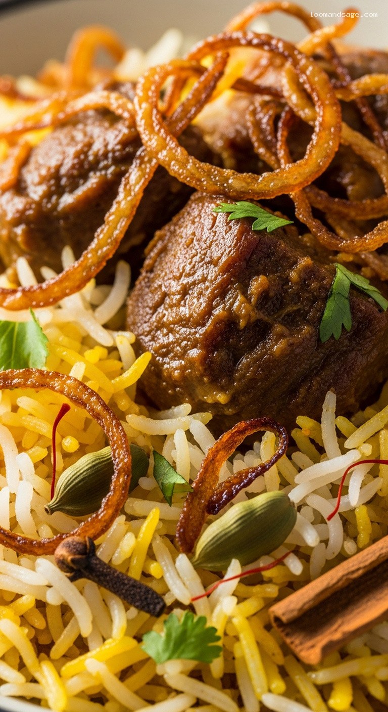 Fragrant Lamb Biryani with Saffron and Crispy Onions – Closeup