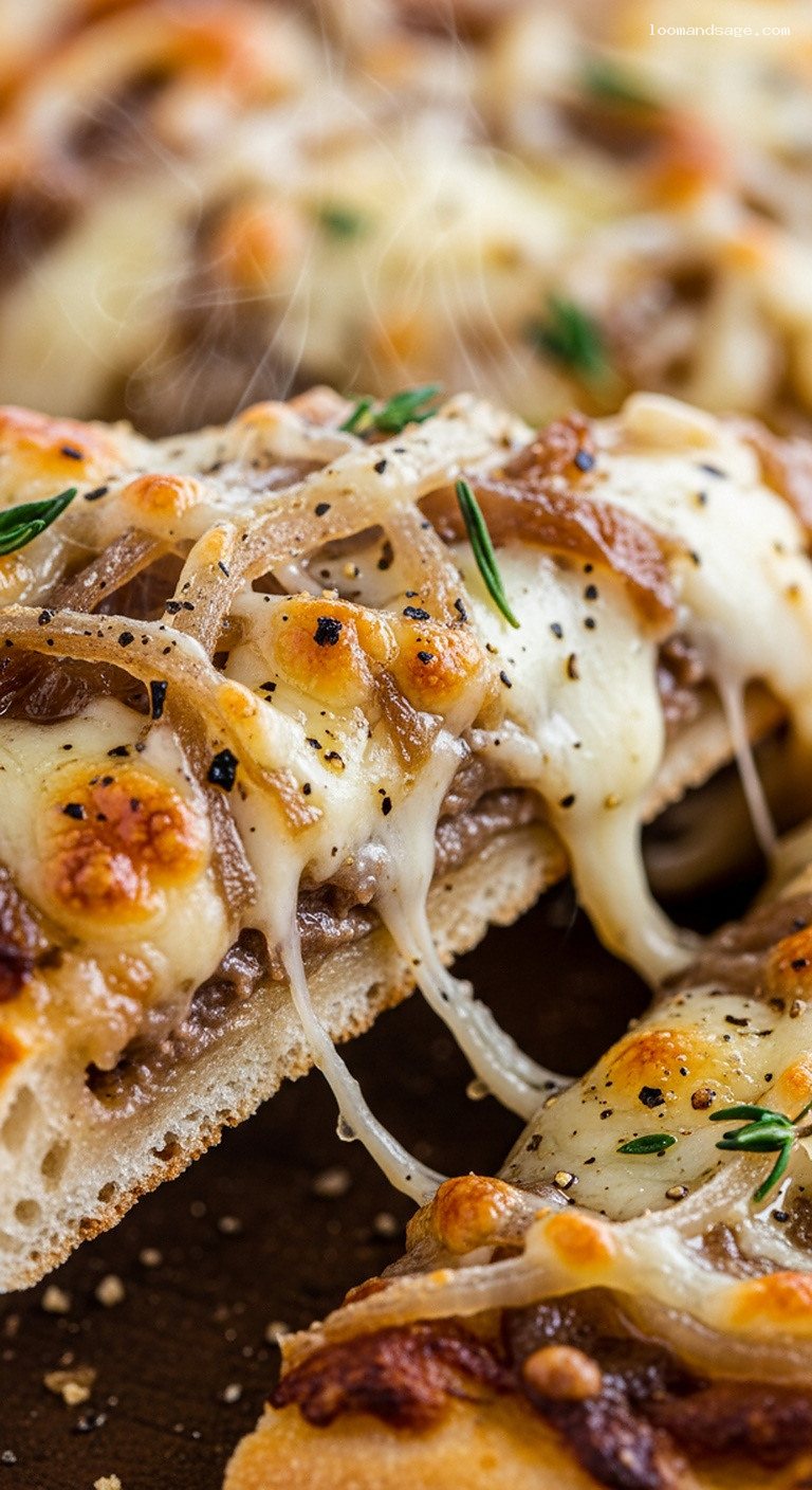 French Onion Soup Pizza With Caramelized Onions and Gruyère – Closeup