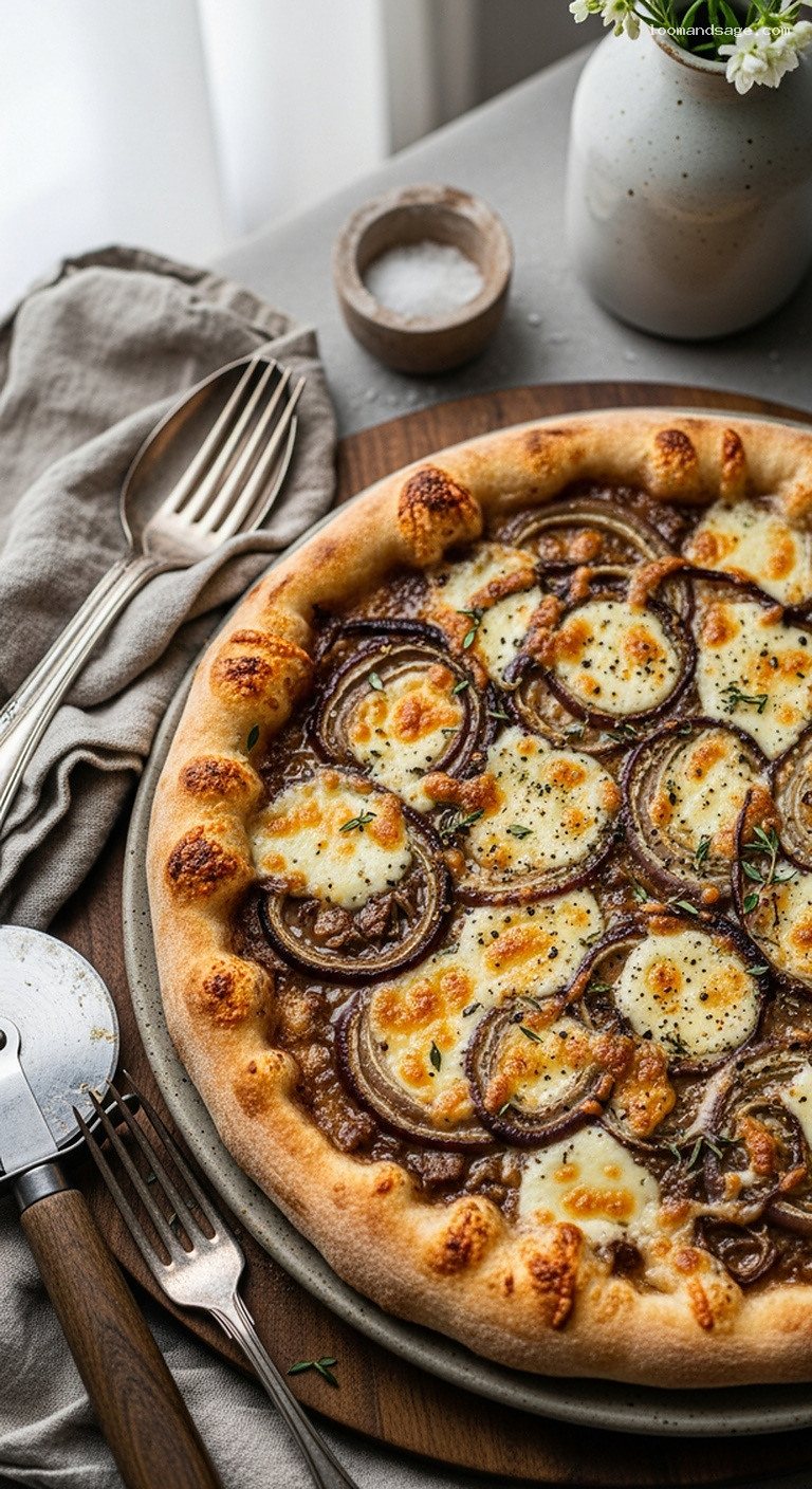 French Onion Soup Pizza With Caramelized Onions and Gruyère