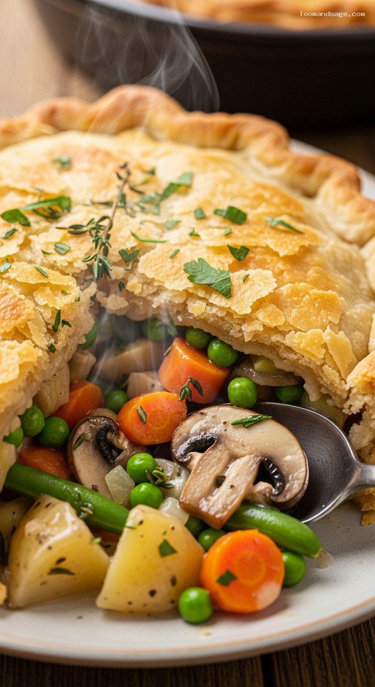 Garden Vegetable Pot Pie with Herby Mushroom-Leek Gravy – Closeup