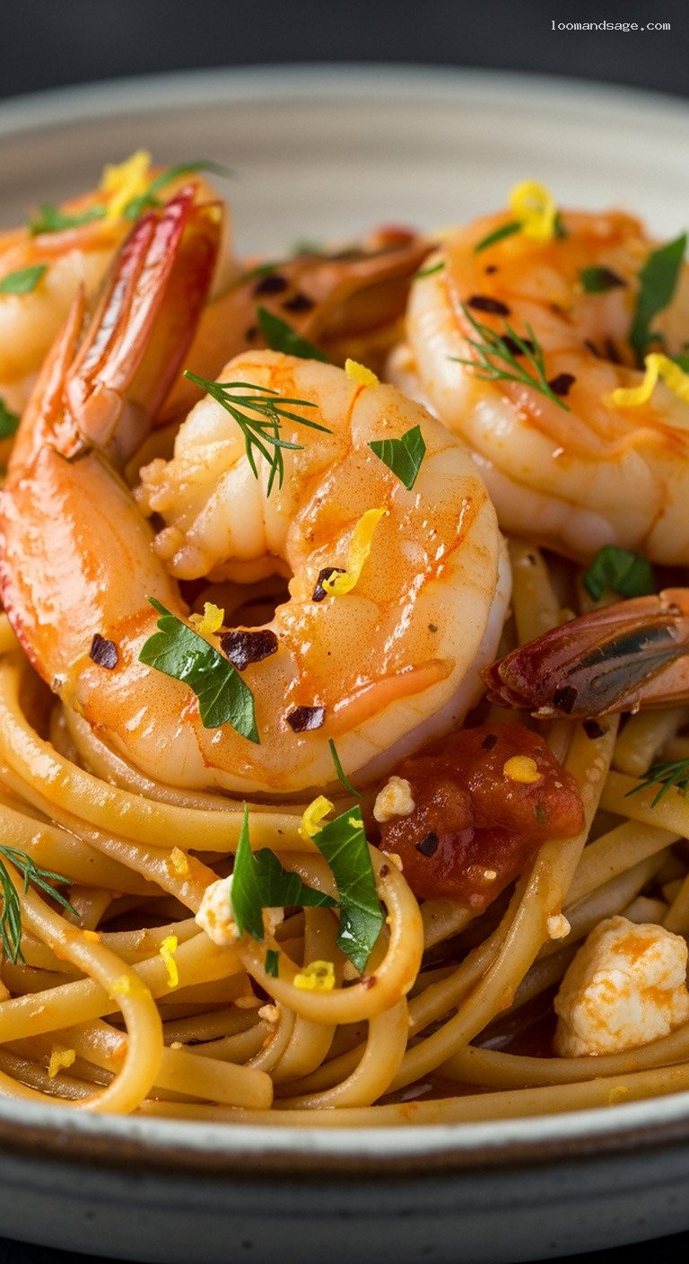 Garides Shrimp Linguine With Tomato Ouzo Sauce – Closeup