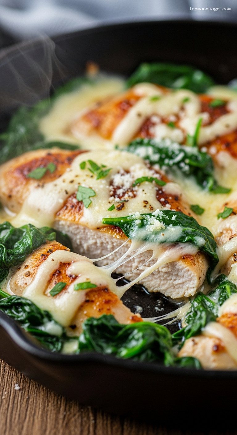 Garlic Butter Chicken and Spinach Skillet with Mozzarella – Closeup