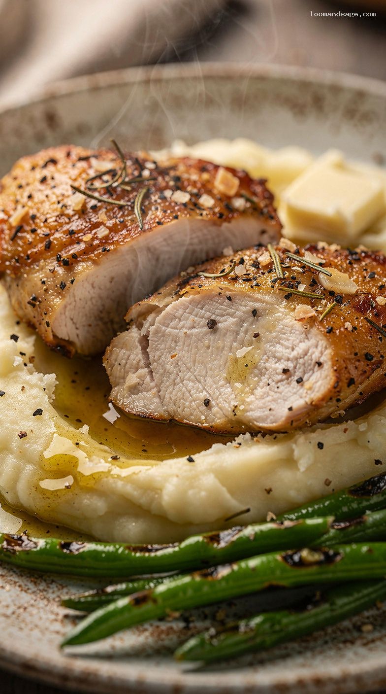 Garlic Herb Roast Chicken with Cauliflower Mash and Green Beans – Closeup