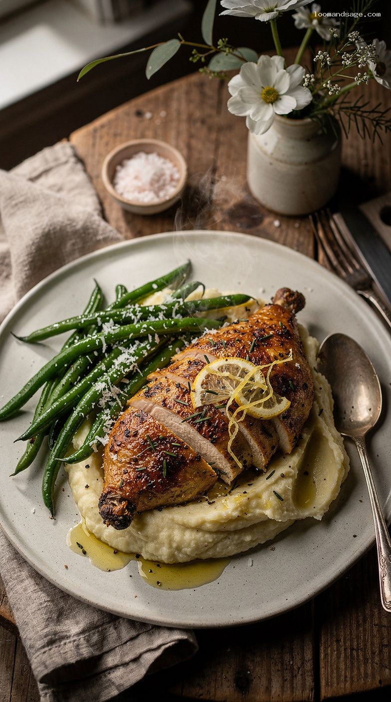 Garlic Herb Roast Chicken with Cauliflower Mash and Green Beans