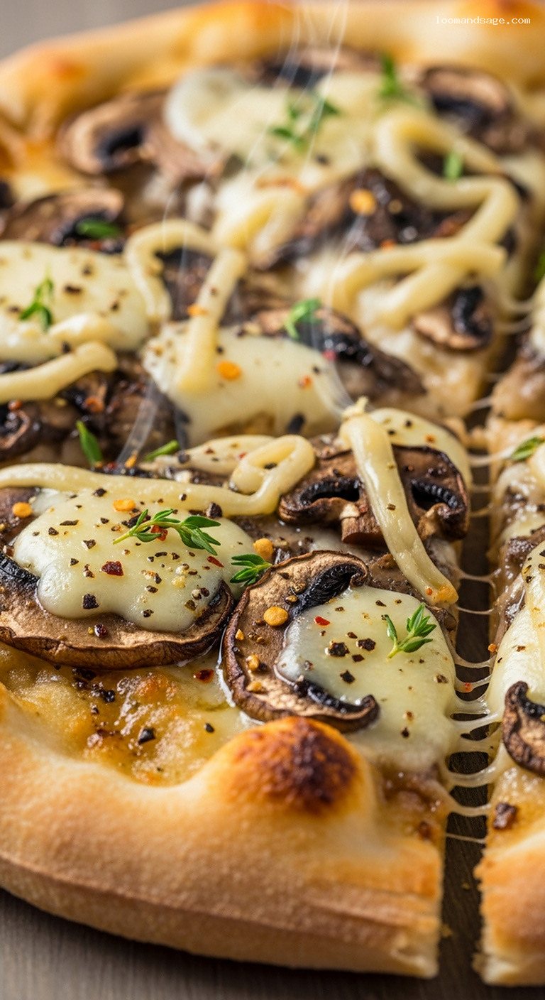 Garlic Mushroom and Taleggio Pizza with Fresh Thyme – Closeup