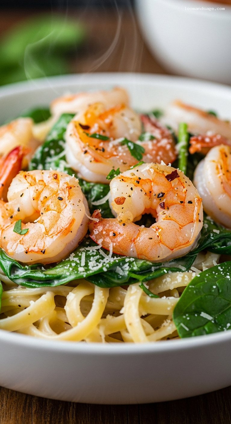 Garlic Shrimp and Spinach Alfredo Pasta Bake – Closeup