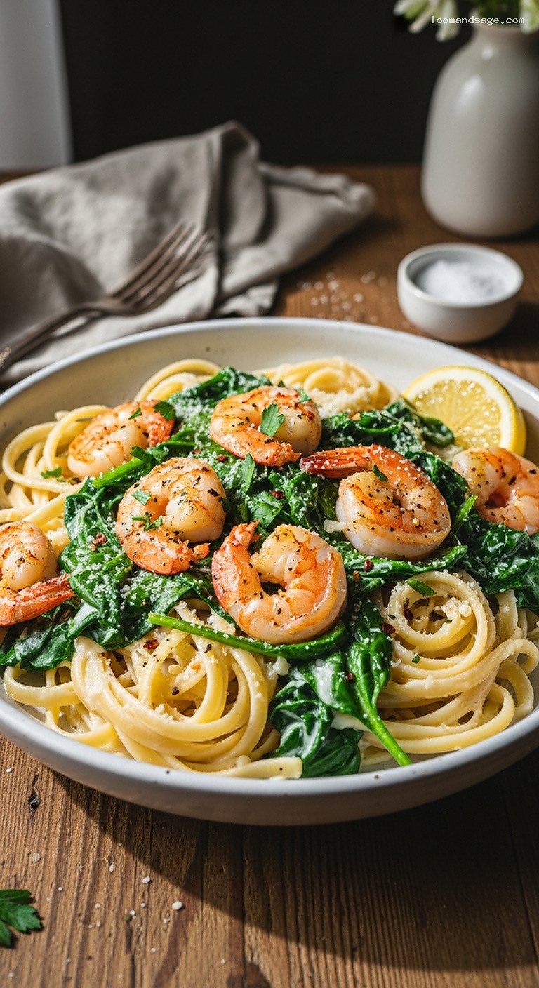 Garlic Shrimp and Spinach Alfredo Pasta Bake