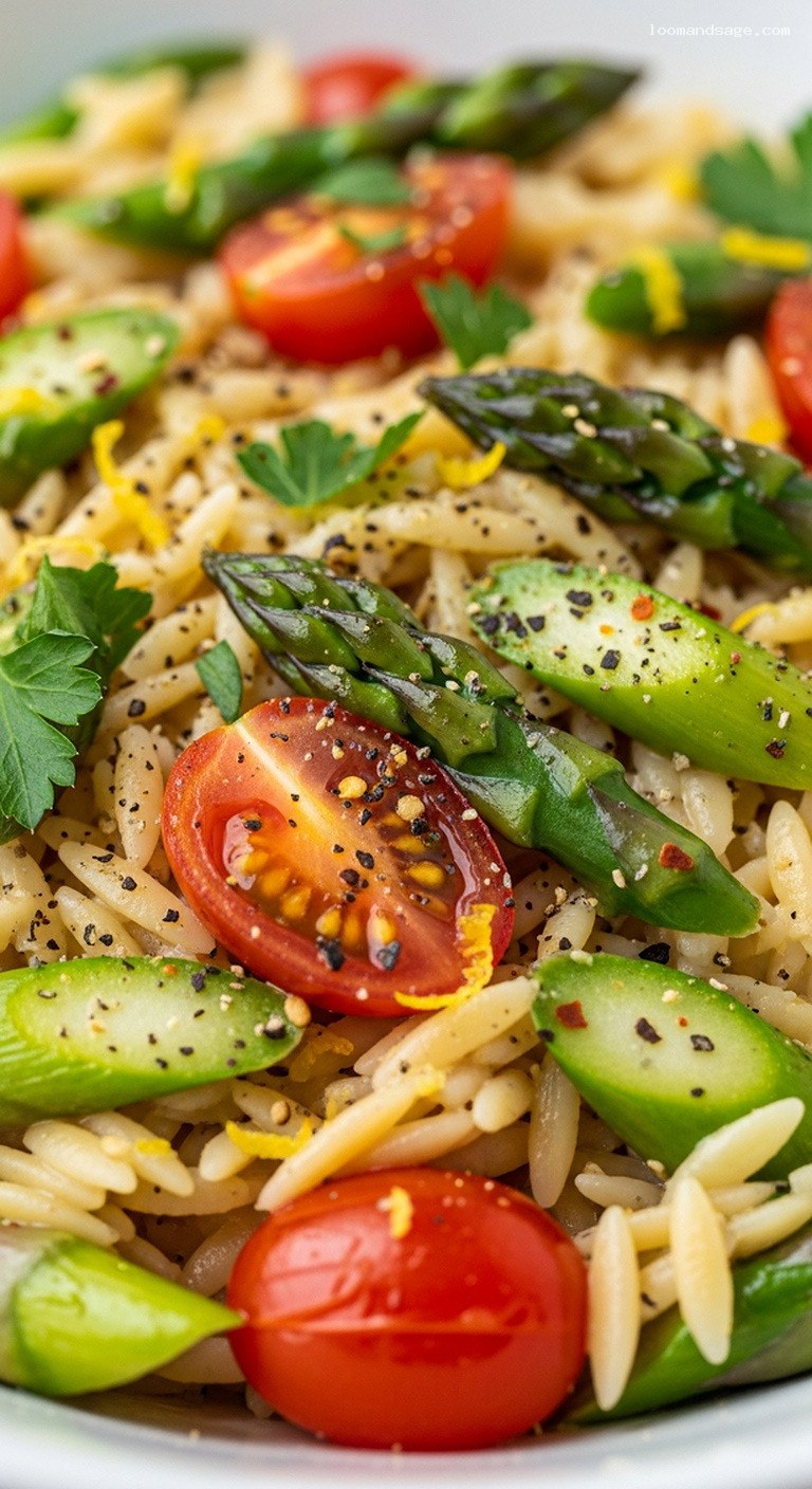 Garlicky Lemon Asparagus Orzo with Cashew Cream – Closeup