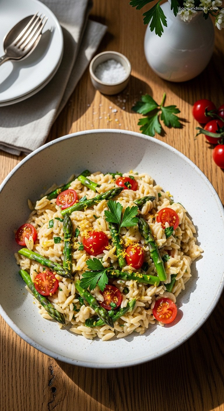 Garlicky Lemon Asparagus Orzo with Cashew Cream