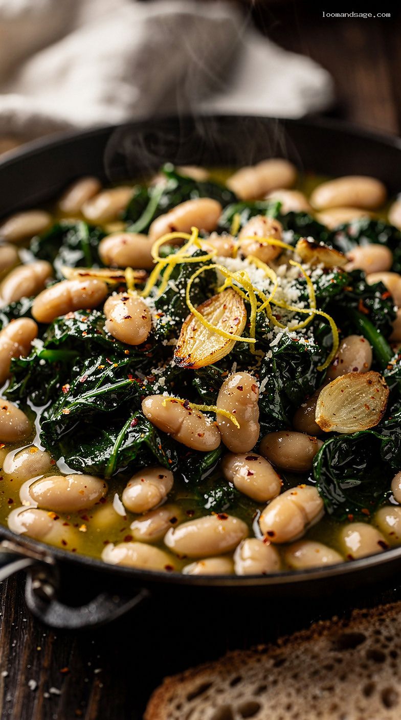 Garlicky Lemon White Bean and Kale Skillet – Closeup