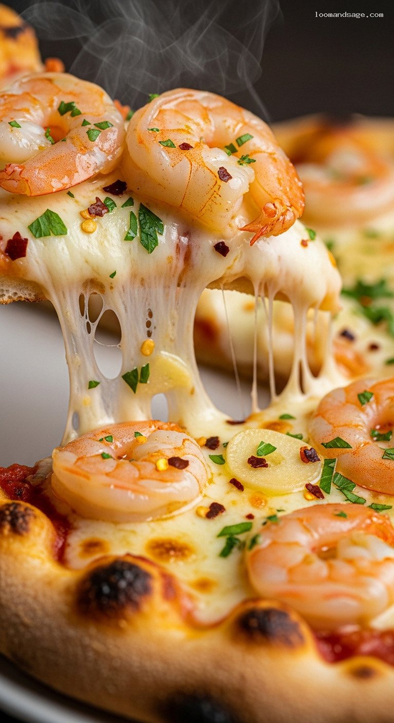 Garlicky Shrimp Scampi Pizza with Lemon and Chili Flakes – Closeup
