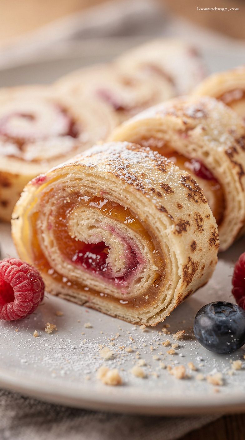 German Pfannkuchen Jam-Filled Pancake Rolls with Powdered Sugar – Closeup