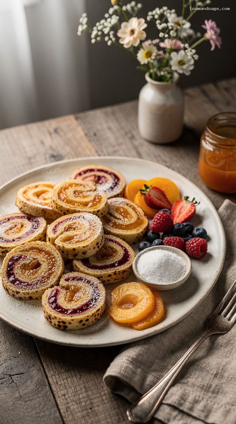 German Pfannkuchen Jam-Filled Pancake Rolls with Powdered Sugar