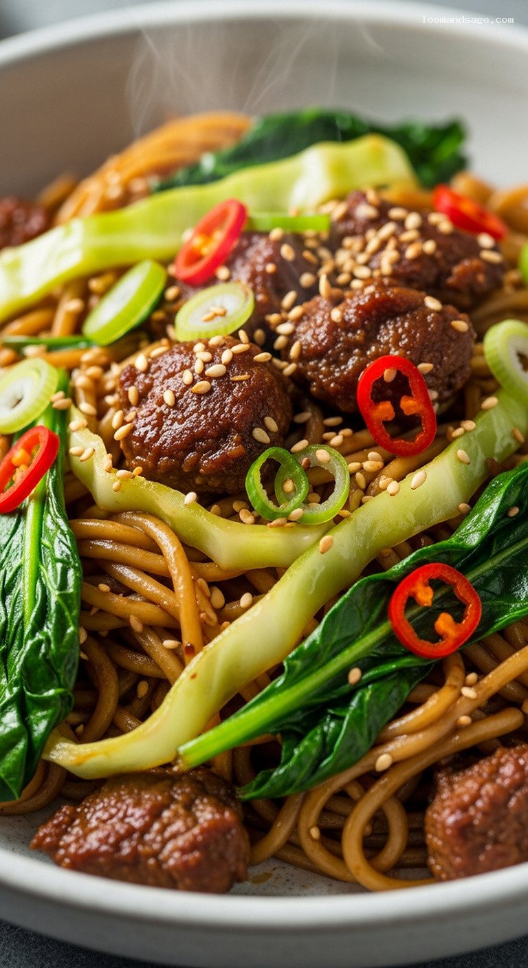 Ginger Garlic Lamb Stir-Fry Noodles with Greens – Closeup