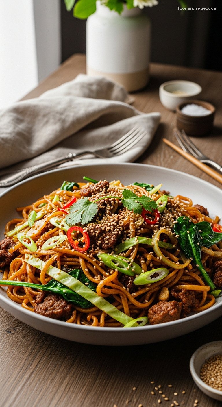 Ginger Garlic Lamb Stir-Fry Noodles with Greens