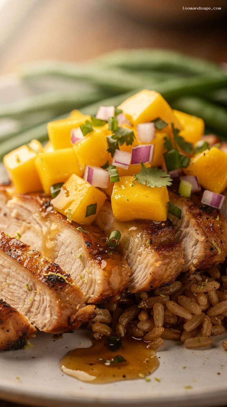 Ginger Lime Chicken With Mango Salsa and Brown Rice – Closeup