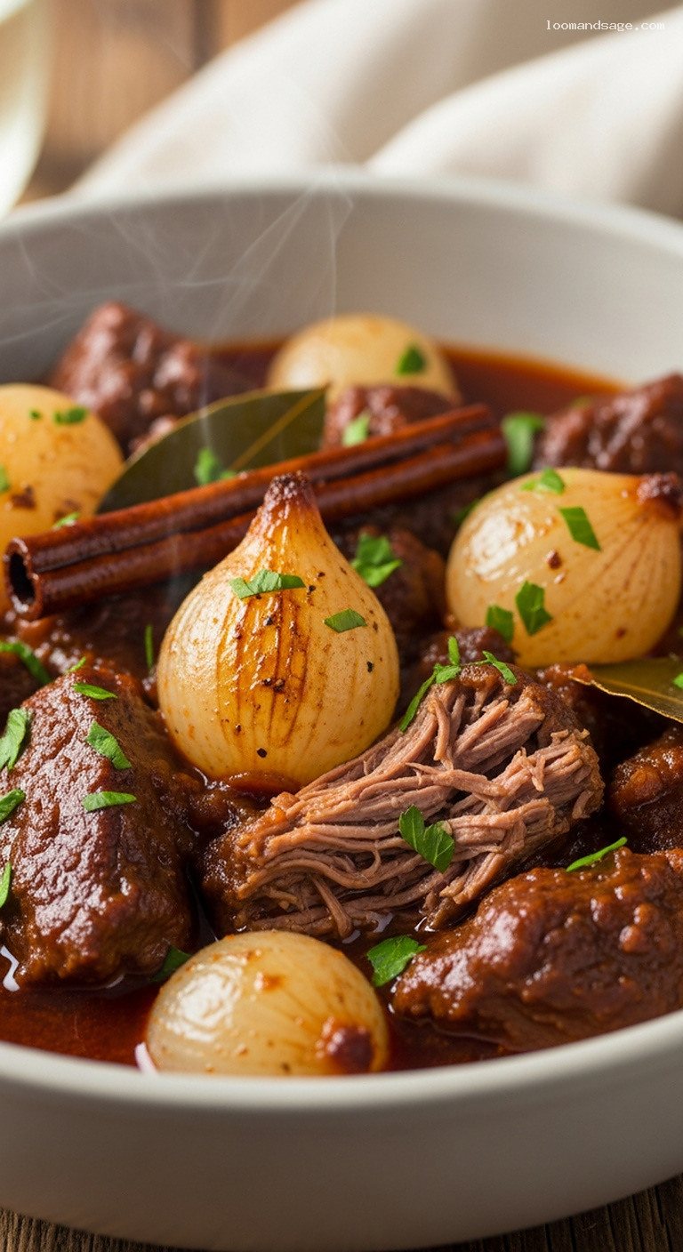 Greek Beef Stifado With Pearl Onions – Closeup