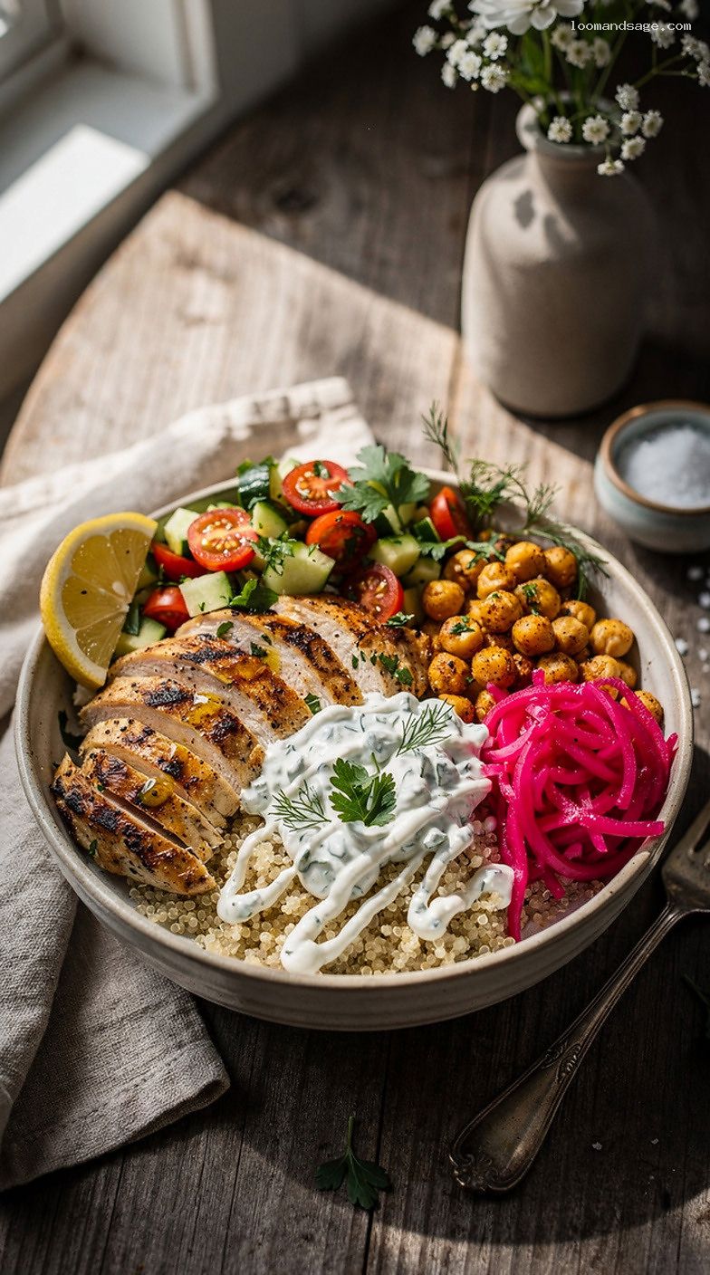 Greek Chicken Quinoa Bowls with Tzatziki and Roasted Chickpeas