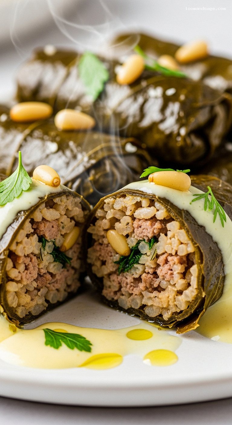 Greek Dolmades: Stuffed Grape Leaves With Herbed Rice – Closeup