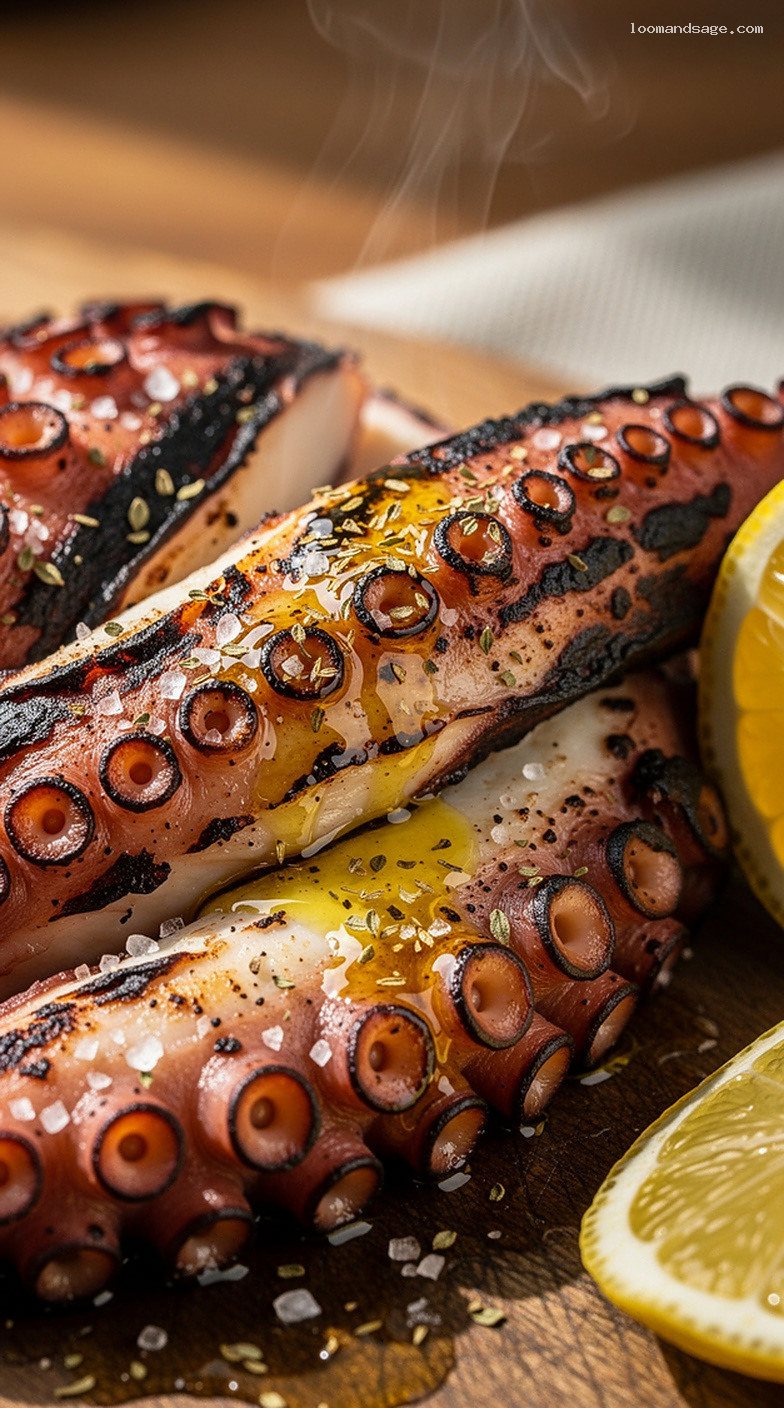 Greek Grilled Octopus With Lemon, Olive Oil, and Oregano – Closeup