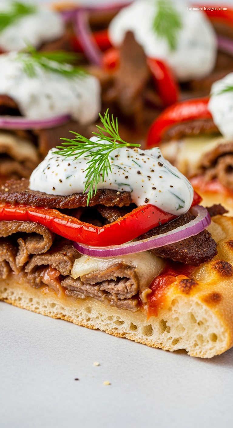 Greek Gyro Pizza with Tzatziki and Roasted Peppers – Closeup