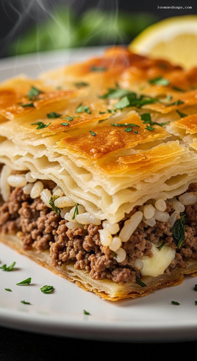 Greek Kreatopita Meat Pie with Flaky Phyllo – Closeup