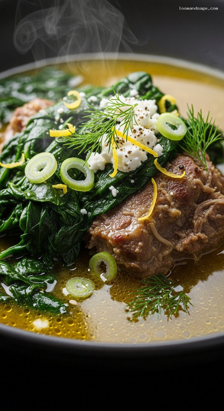 Greek Lamb and Spinach Stew with Lemon and Dill – Closeup