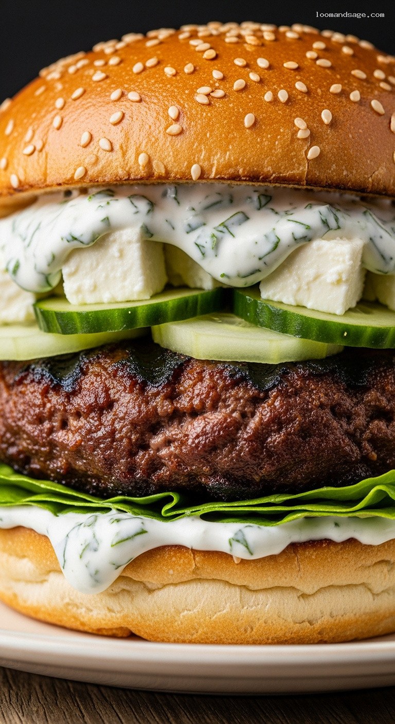 Greek Lamb Burgers with Feta and Yogurt Mint Sauce – Closeup