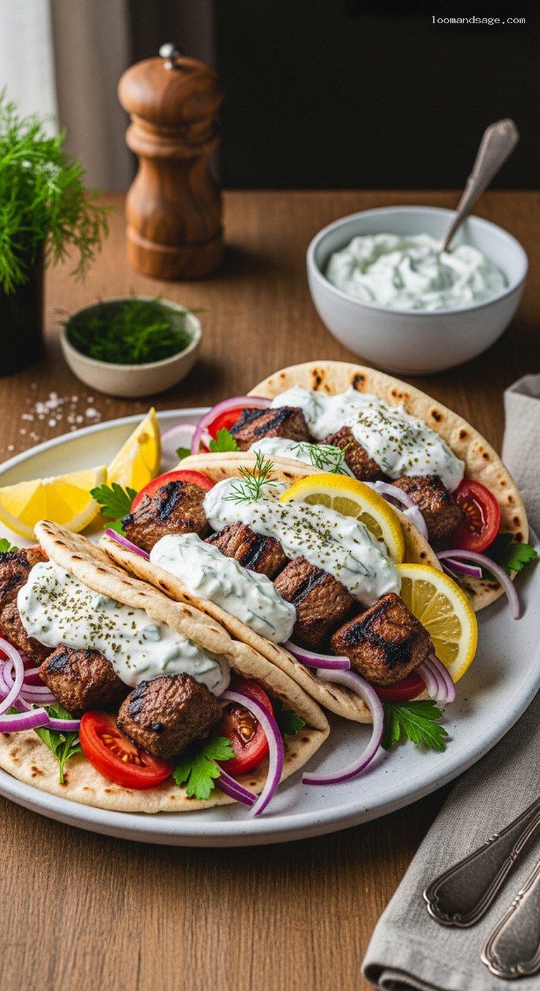 Greek Lamb Souvlaki with Tzatziki and Warm Pita