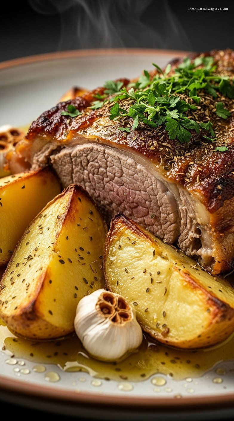 Greek Lemon Garlic Roast Lamb and Potatoes – Closeup