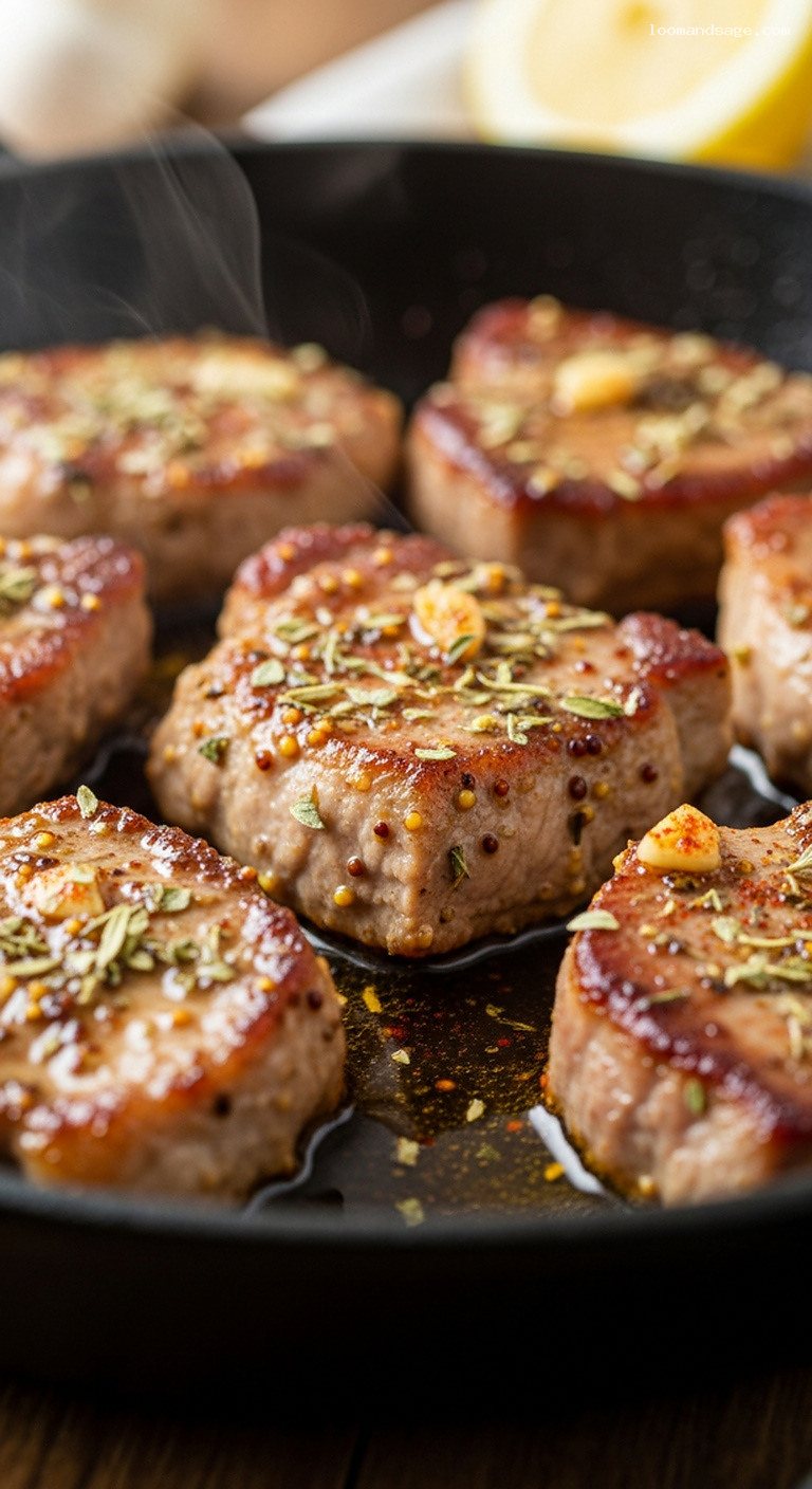 Greek Pork Tigania with Lemon, Mustard, and Oregano – Closeup