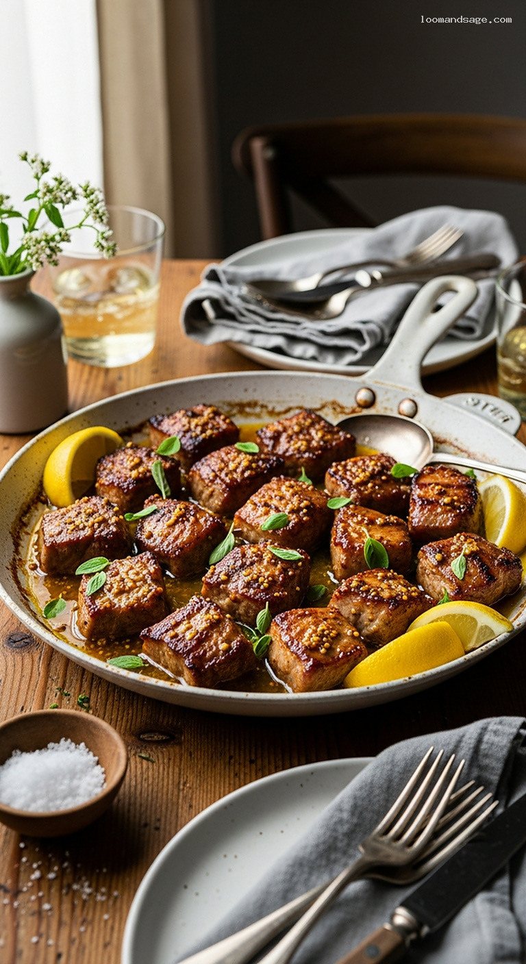 Greek Pork Tigania with Lemon, Mustard, and Oregano