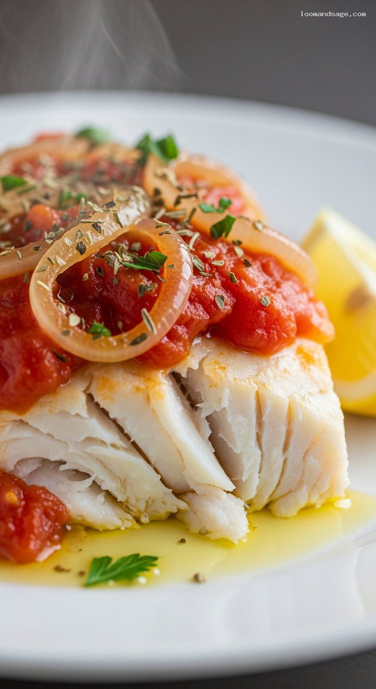 Greek Psari Plaki: Baked White Fish with Tomatoes – Closeup