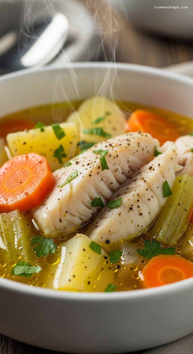 Greek Psarosoupa: Light Lemon Olive Oil Fish Soup – Closeup