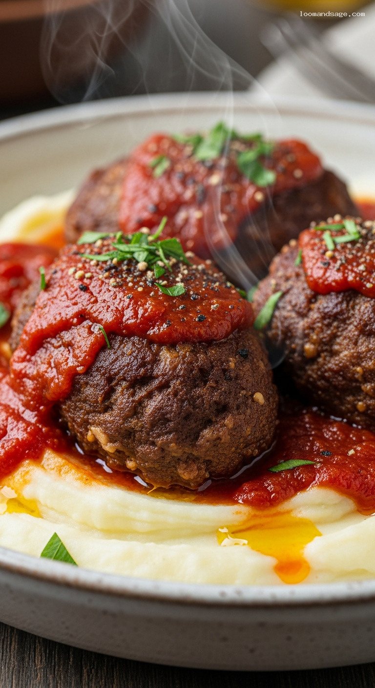 Greek Soutzoukakia Meatballs in Spiced Tomato Sauce – Closeup