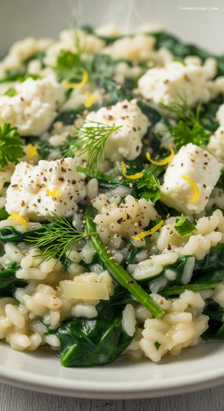 Greek Spinach and Feta Risotto with Dill – Closeup