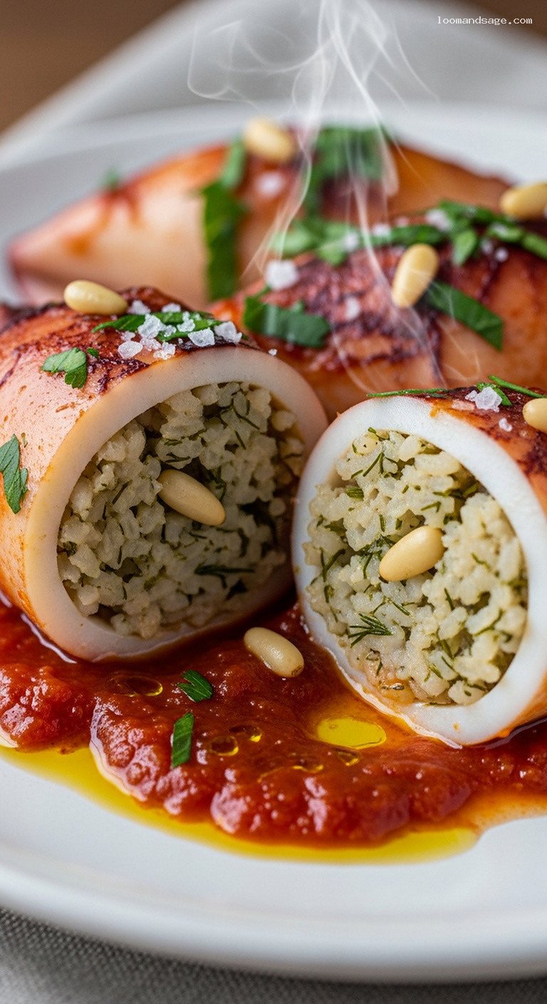 Greek Stuffed Squid with Rice in Tomato Sauce – Closeup