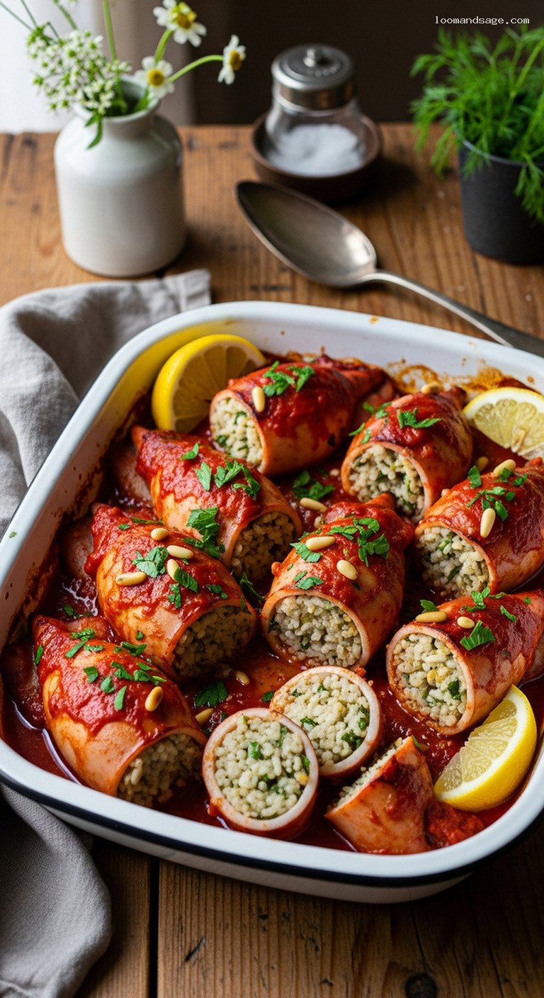 Greek Stuffed Squid with Rice in Tomato Sauce