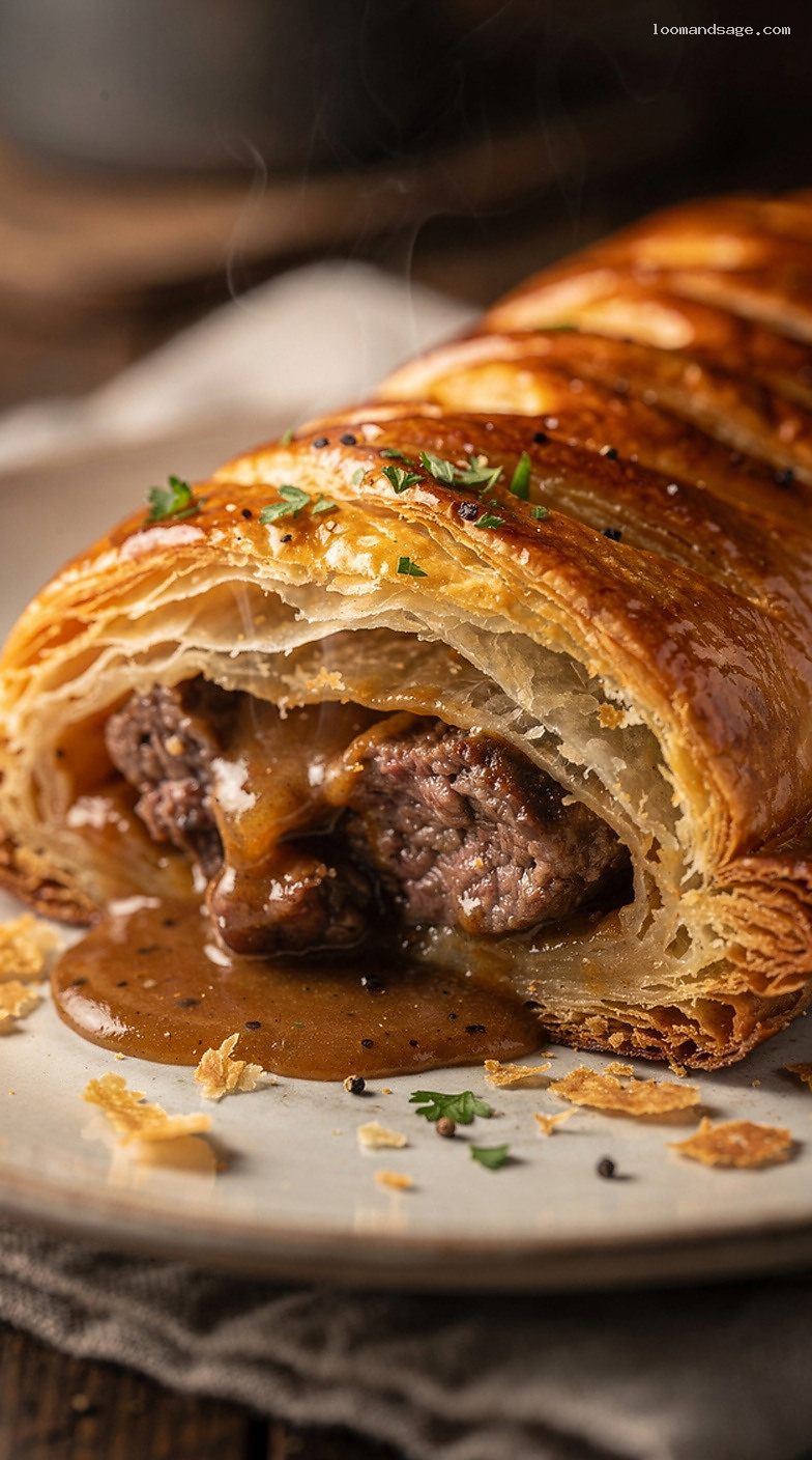 Greggs-Style Steak Bake With Flaky Puff Pastry and Gravy – Closeup