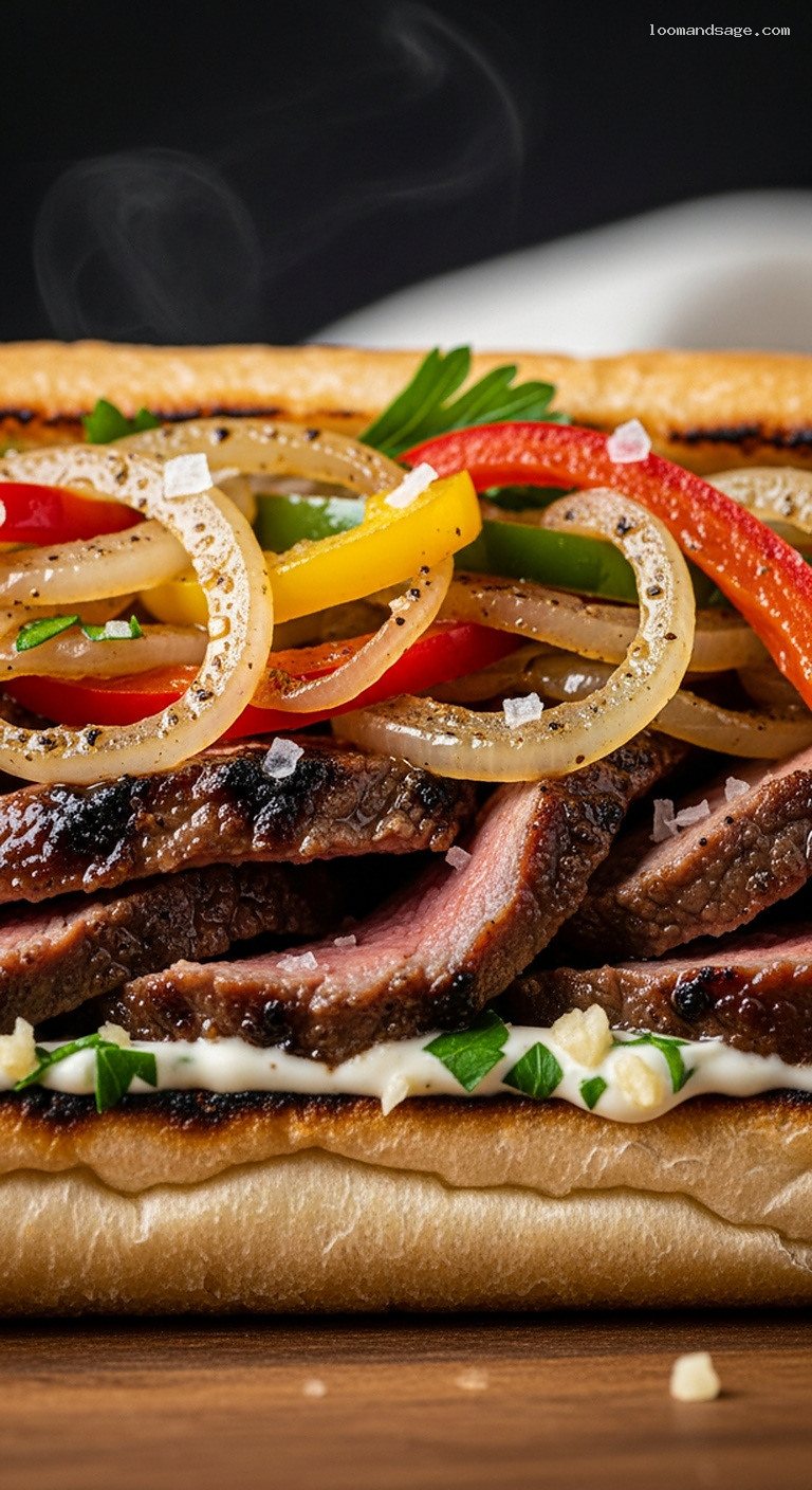 Grilled Lamb Hoagies With Peppers, Onions, and Garlic Mayo – Closeup