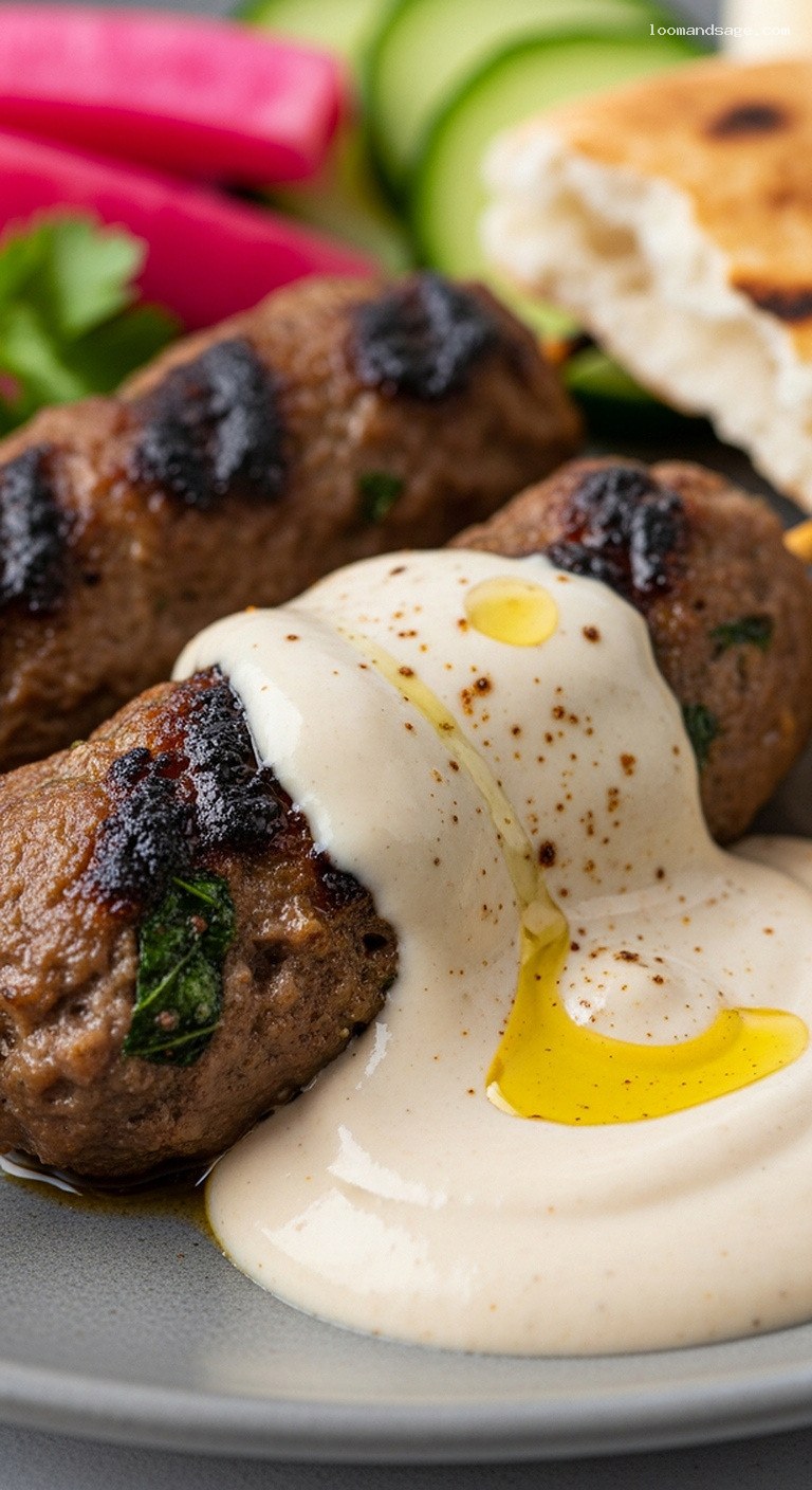 Grilled Lamb Kofta with Tahini Sauce and Flatbread – Closeup