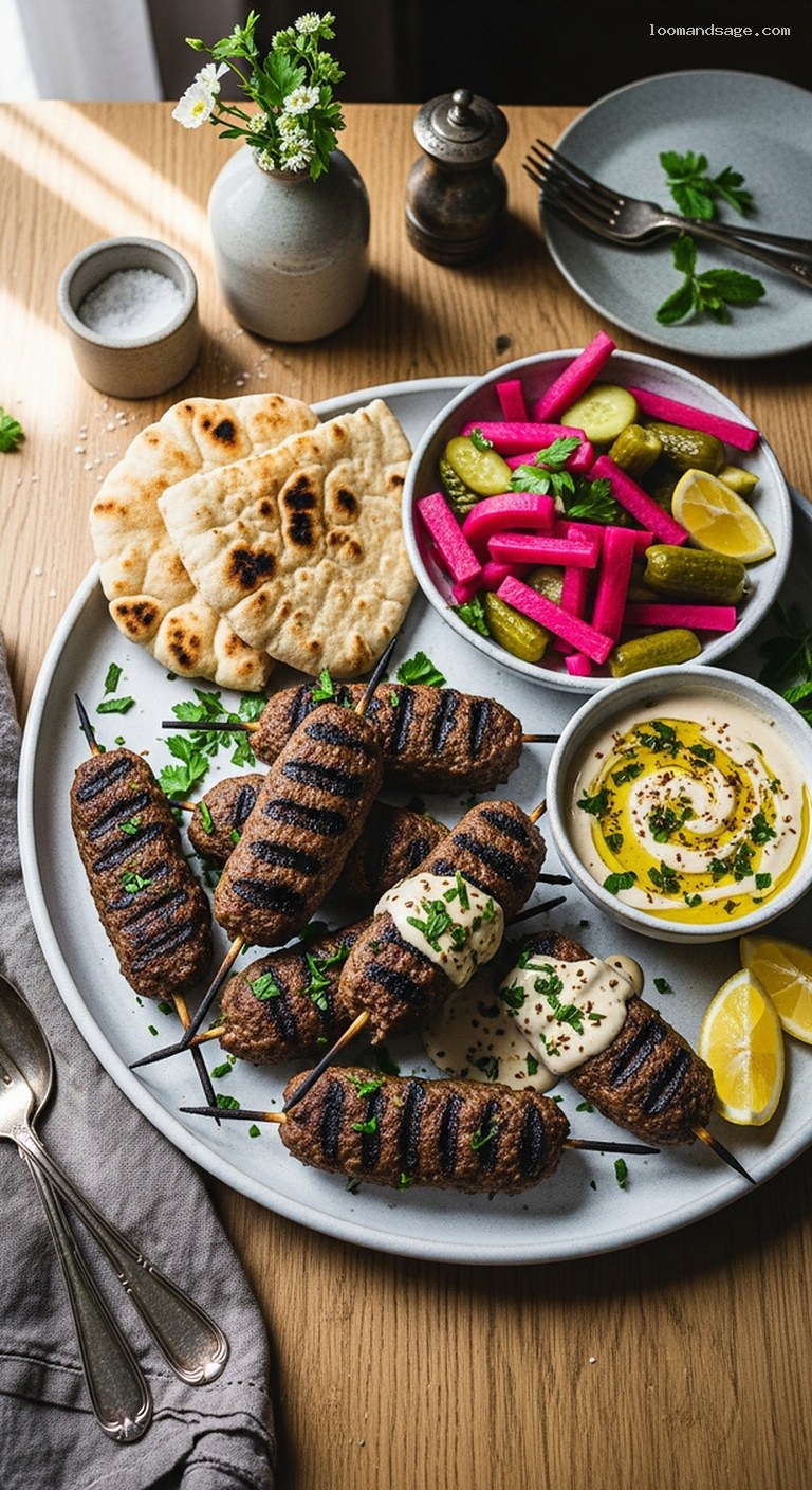 Grilled Lamb Kofta with Tahini Sauce and Flatbread