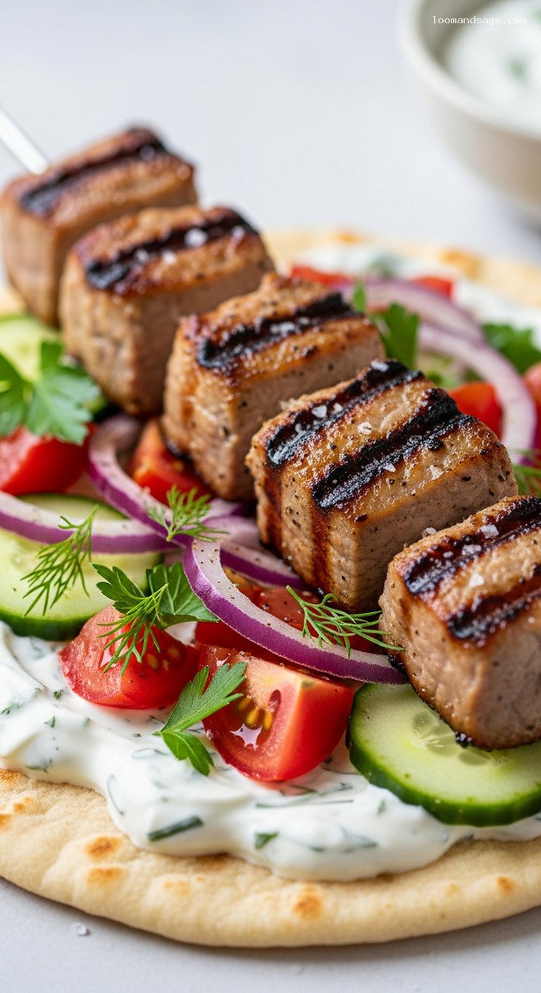 Grilled Pork Souvlaki With Lemon Garlic Yogurt Marinade – Closeup