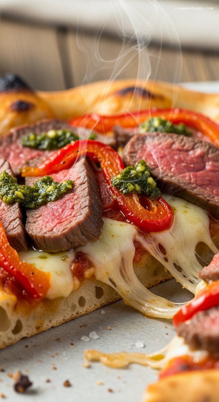 Grilled Steak and Chimichurri Pizza with Roasted Peppers – Closeup