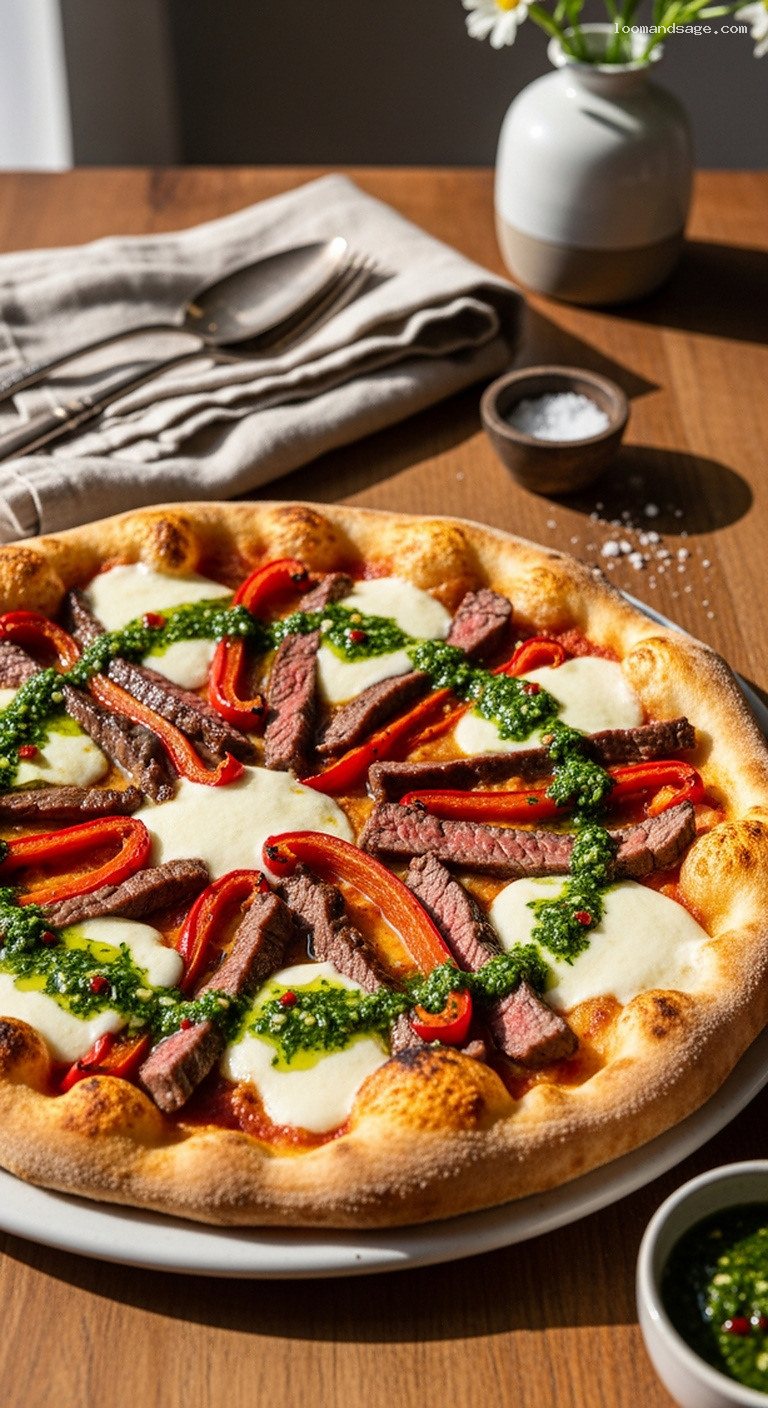 Grilled Steak and Chimichurri Pizza with Roasted Peppers