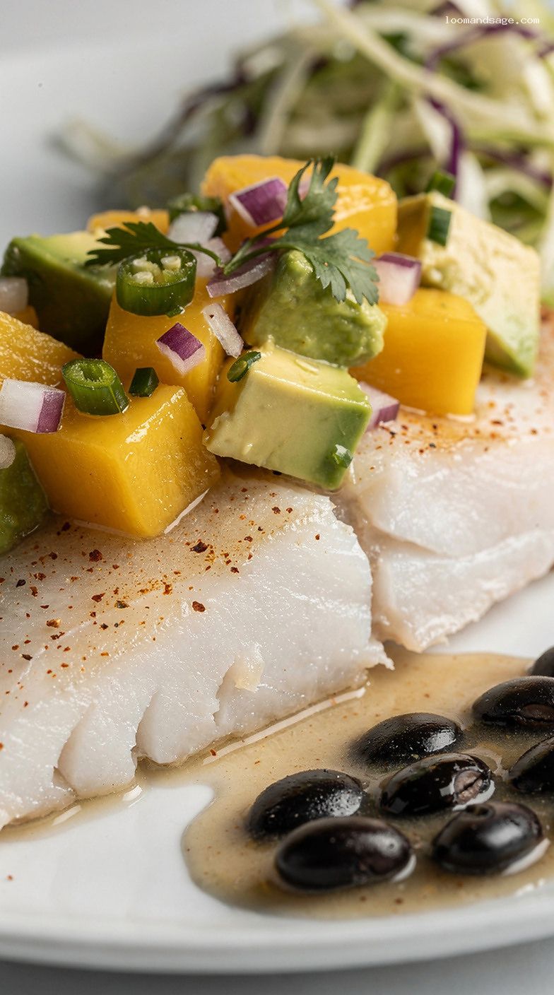 Grilled White Fish with Mango Avocado Salsa and Black Beans – Closeup