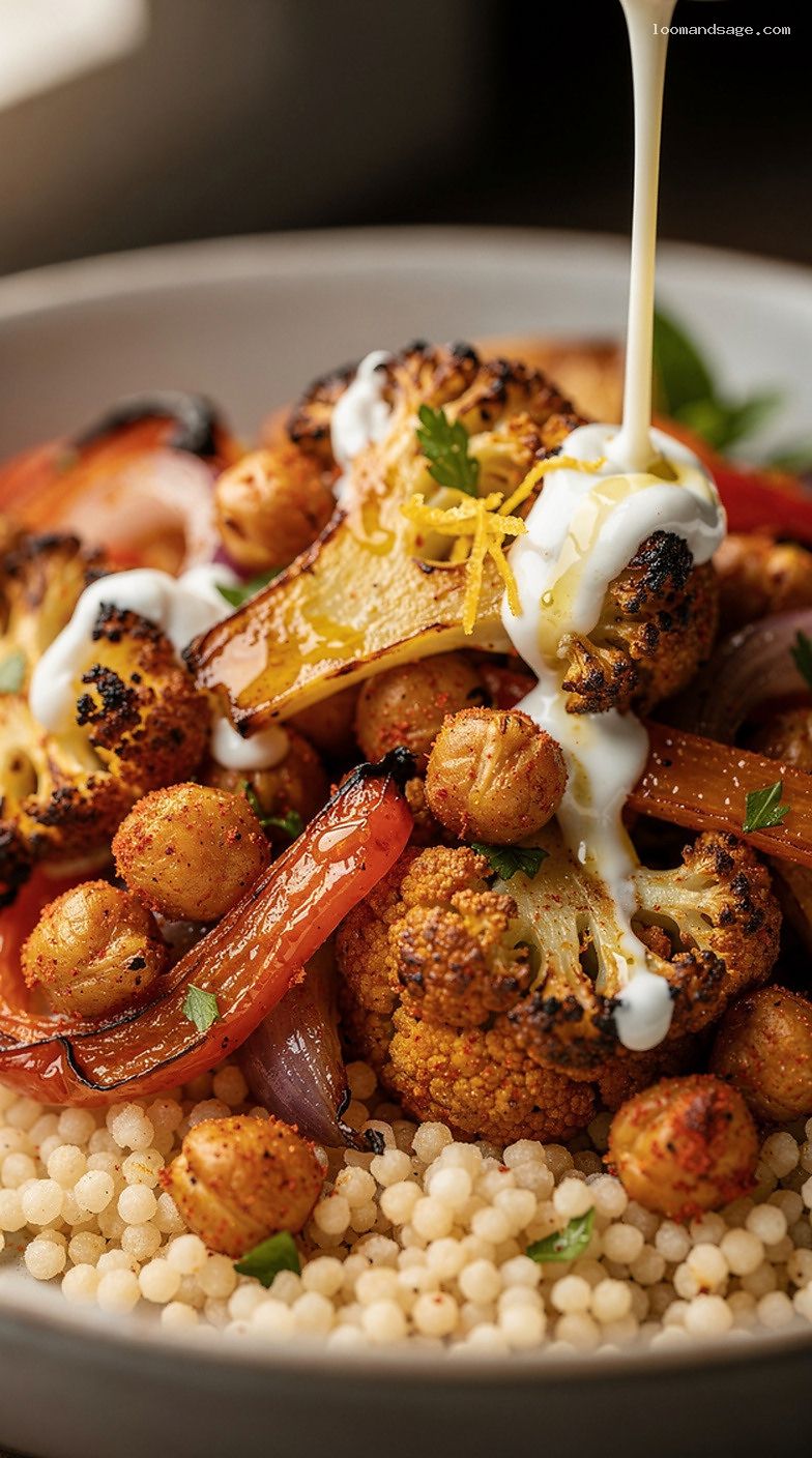 Harissa Roasted Chickpea and Veggie Tray Bake with Lemon Yogurt Drizzle – Closeup